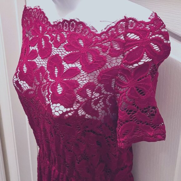 Lace Red/Maroon Off Shoulder Mini Dress-Size Large-Lined-Lightweight-Casual-NWOT - Picture 4 of 16